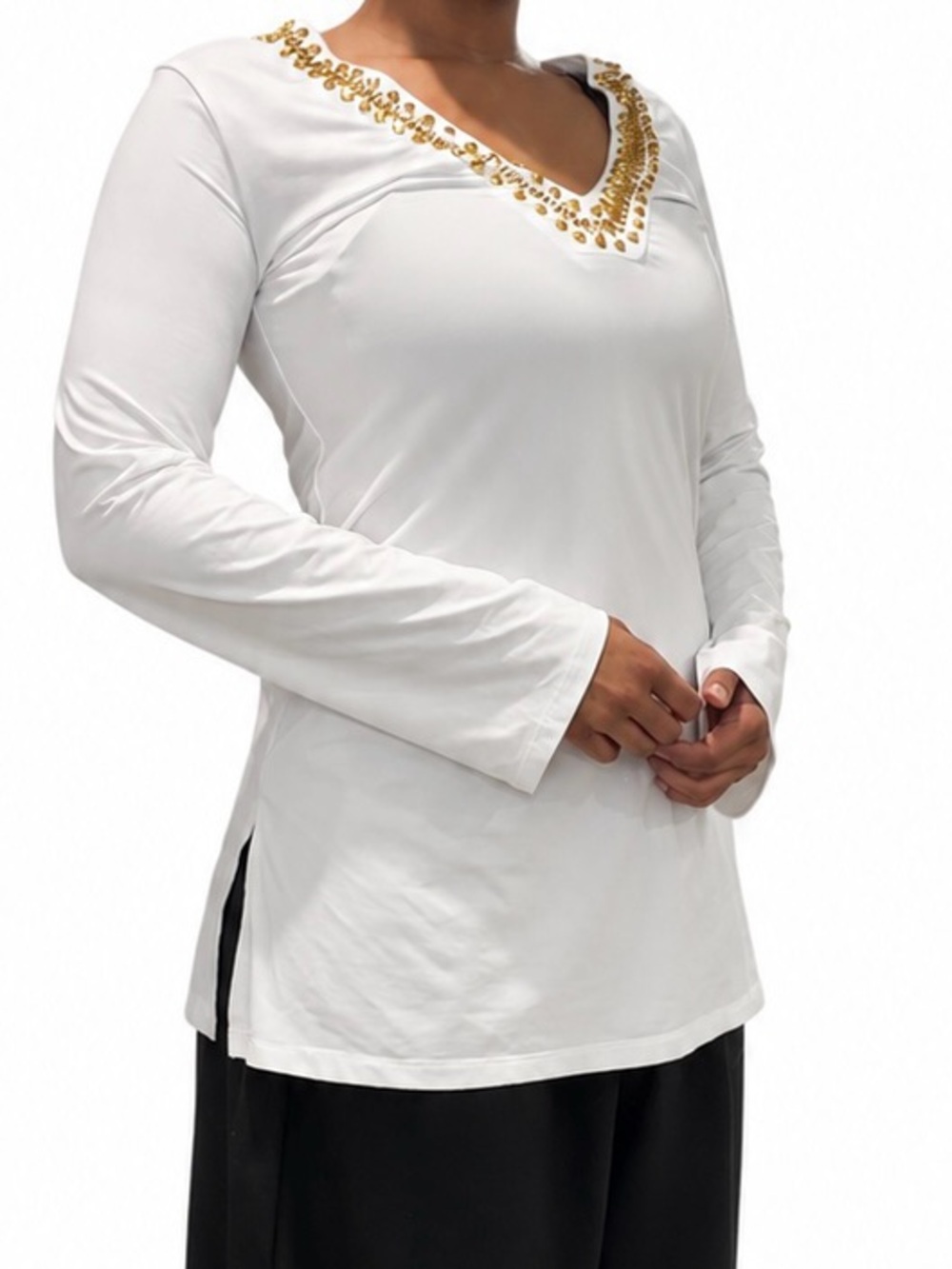 White Embellished V-Neck Long Sleeve Top